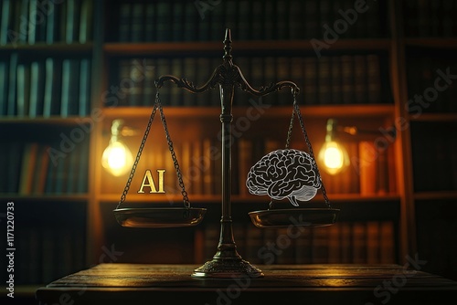 The balance of AI and human intelligence symbolized by vintage balance scale depicting AI and brain against bookshelves with warm lighting for decision-making and technology themes photo