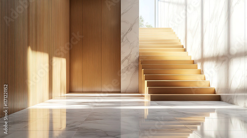 Sophisticated Marble Flooring and Wooden Staircase in Minimalist Hall Design