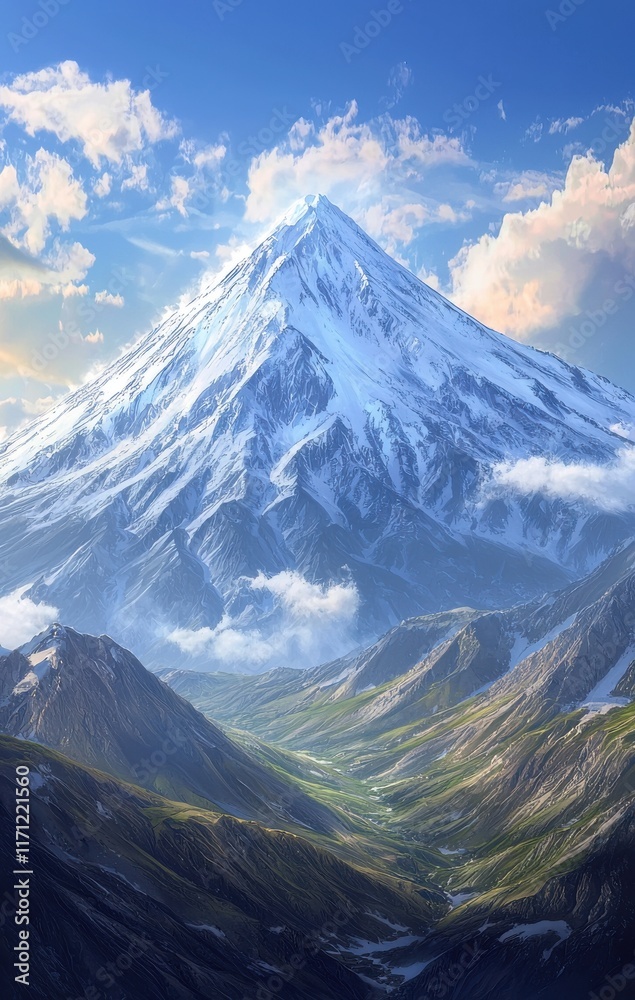 Majestic Snow-Capped Mountain Peak Dominates Scenic Valley Landscape Majestic Snow-Capped Mountain Peak Dominates Scenic Valley Landscape