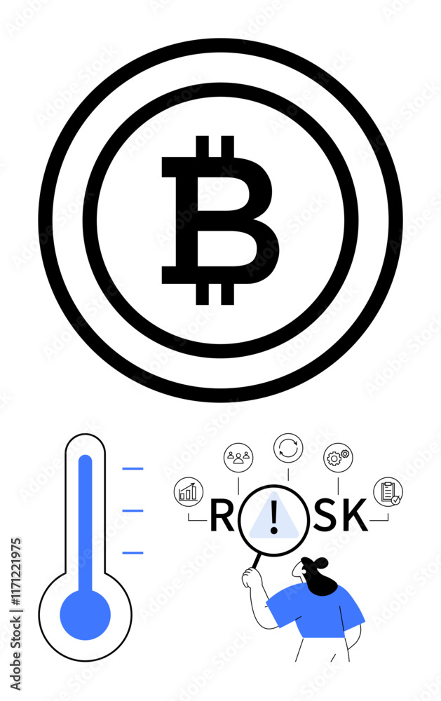 Obraz premium Bitcoin logo with layered circles, thermometer measuring levels, person examining risk icons with magnifier. Ideal for cryptocurrency security, finance studies, investment risk, market trends