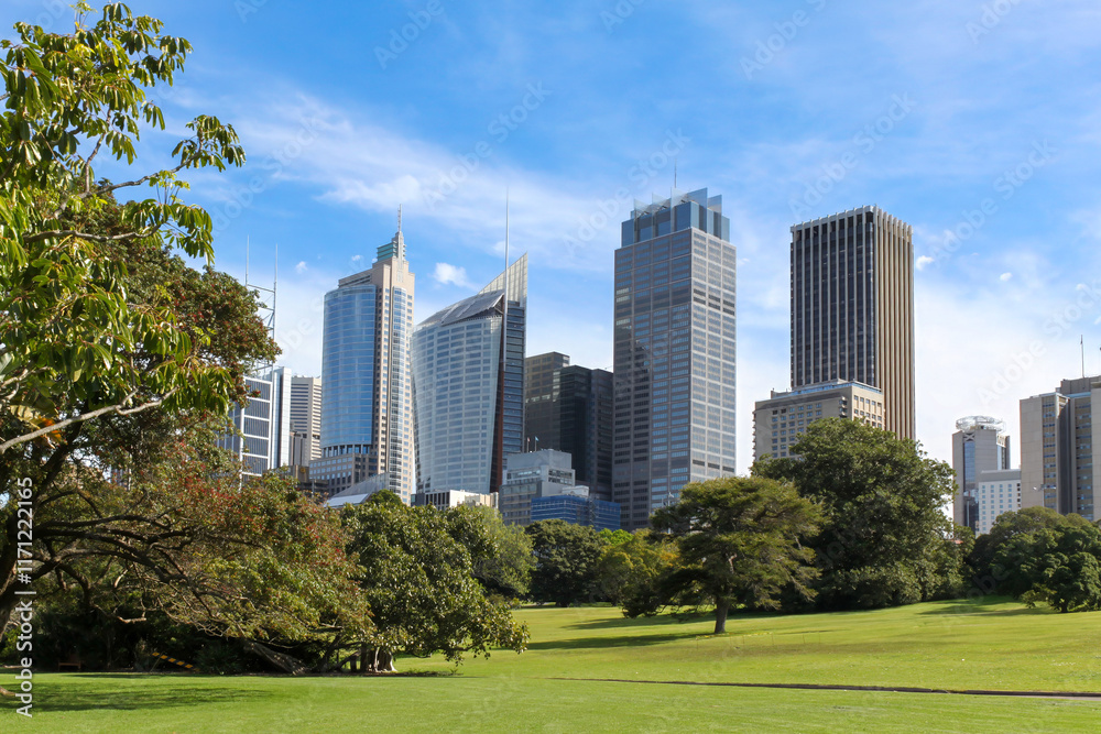 Gazebo in Sydney Royal botanic garden in front of Sydney buildings skyline in Australia Gazebo in Sydney Royal botanic garden in front of Sydney buildings skyline in Australia