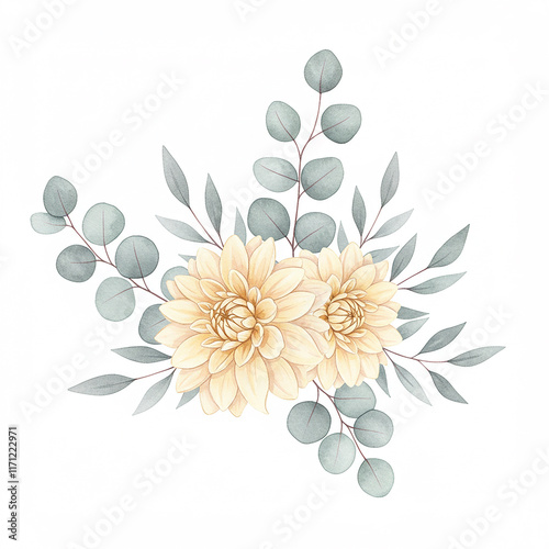 Elegant Watercolor Dahlias Eucalyptus Bouquet Floral Design Wedding Invitation Greeting Card