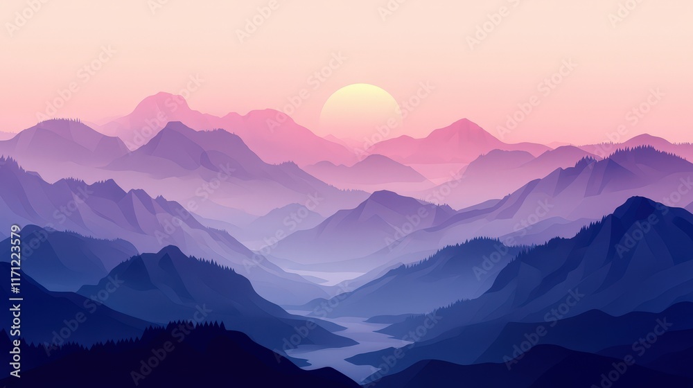 Serene Sunset Over Purple Mountain Ranges Serene Sunset Over Purple Mountain Ranges