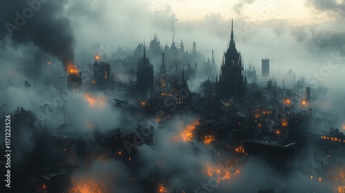 Foggy, fire-lit medieval city at dusk.