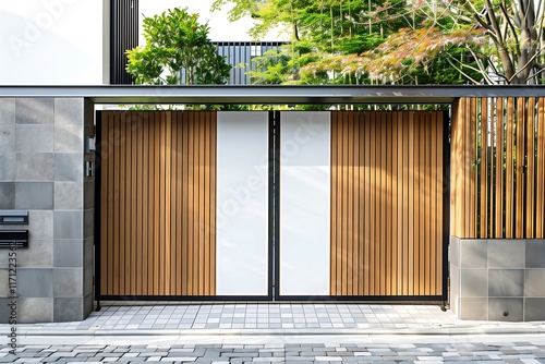 A two-toned gate with a natural oak lower half and a matte white upper half, separated by a thin steel strip photo