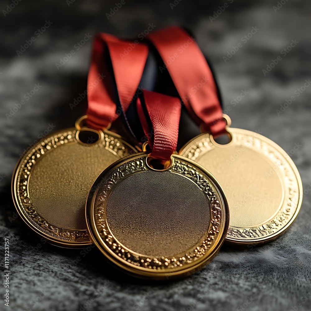 Three Gold Medals with Red and Black Ribbons