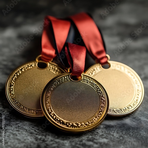 Obraz na płótnie Three Gold Medals with Red and Black Ribbons w salonie