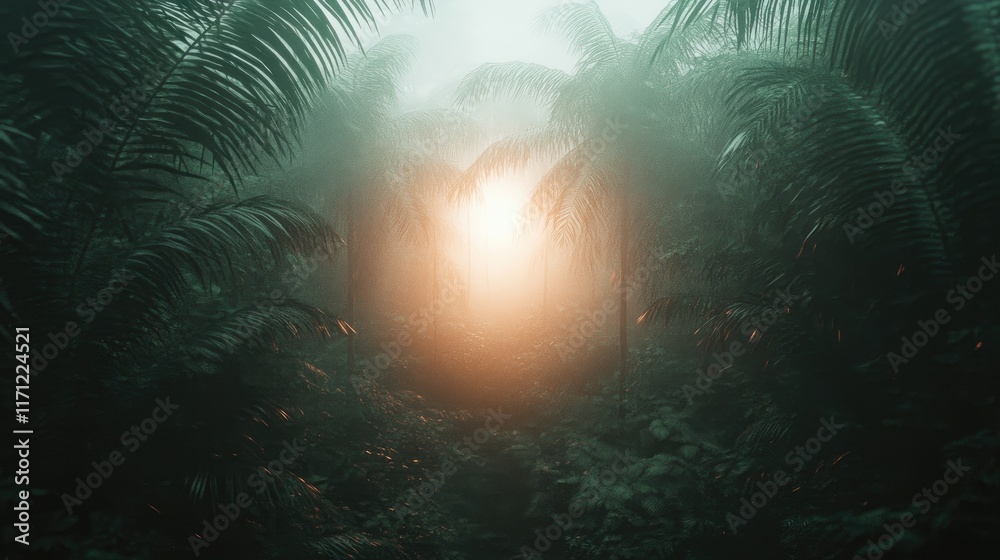 Obraz premium Enigmatic sunlight filtering through a misty tropical forest