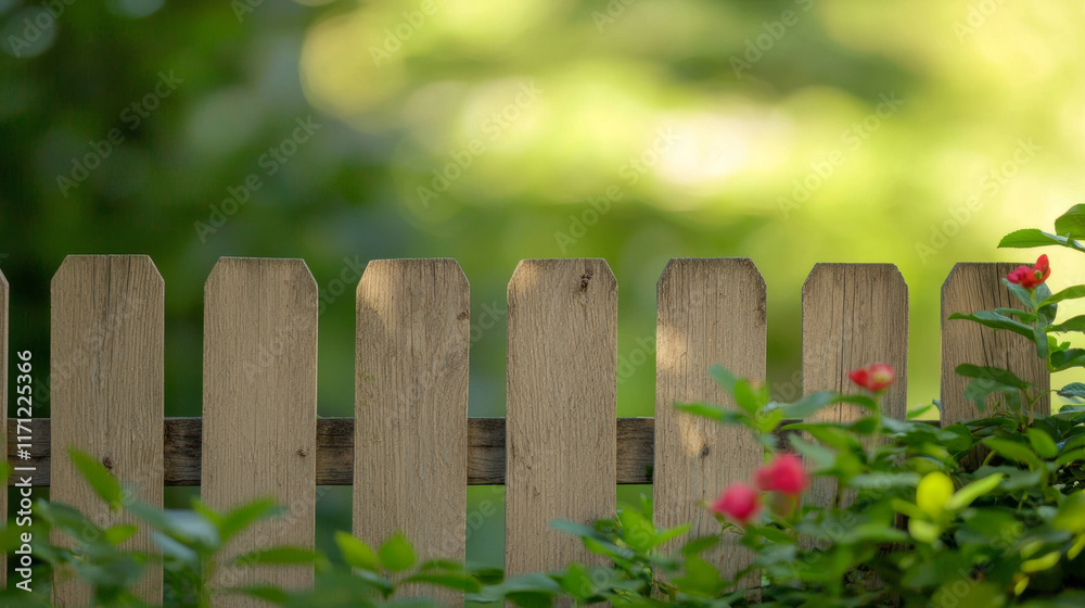 Second hand property concept. charming garden fence surrounded by vibrant greenery and flowers Second hand property concept. charming garden fence surrounded by vibrant greenery and flowers