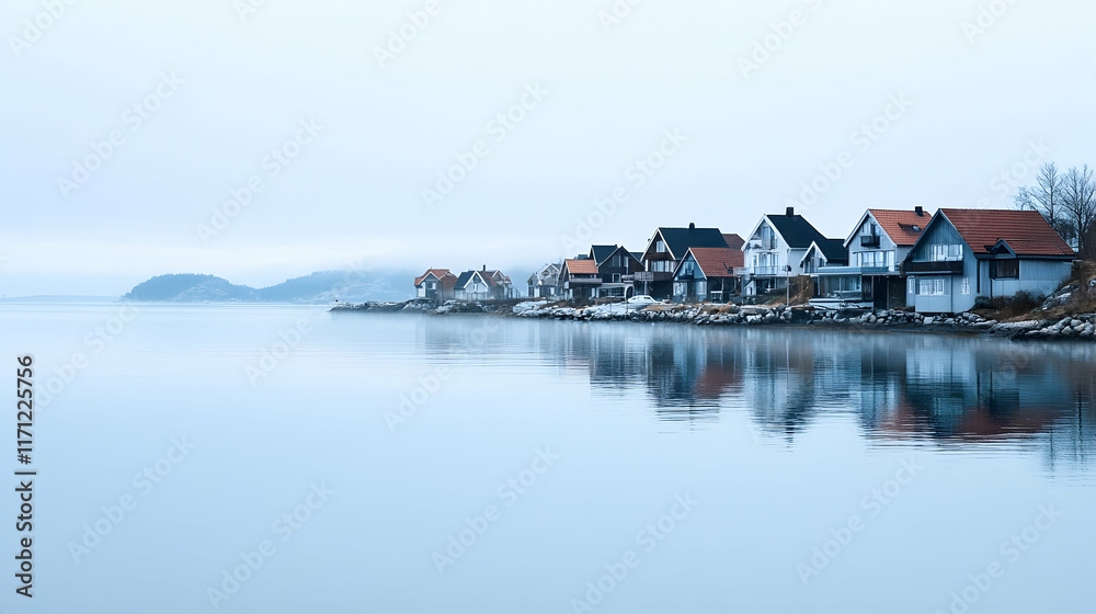 Fototapeta premium Misty Fjord Waterfront Homes, Norway; Calm lake reflects houses, mountains in background; Ideal for travel brochures.