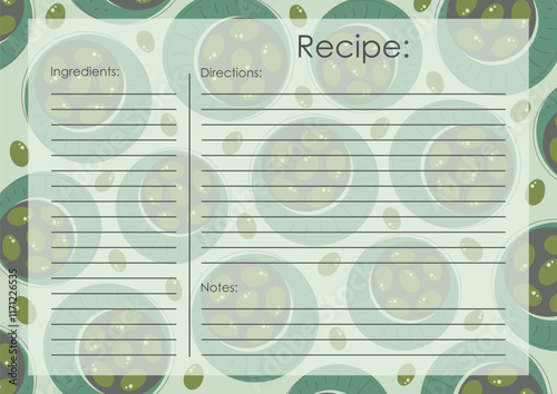 Recipe card template, black olives blank. Cartoon recipe card template illustration