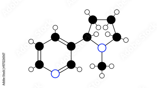 nicotine molecule, structural chemical formula, ball-and-stick model, isolated image alkaloid