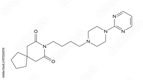 buspirone molecule, structural chemical formula, ball-and-stick model, isolated image anxiolytic agent photo