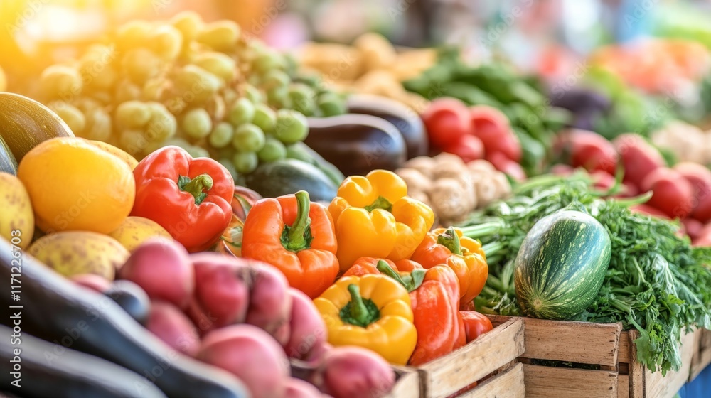Fresh and Colorful Variety of Vegetables and Fruits at a Local Farmers Market Surrounded by Natural Light and Vibrant Colors
