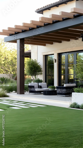 Modern Patio DesignLuxury Home Outdoor Space with Pergola, Furniture, Artificial Turf, Landscaping. photo