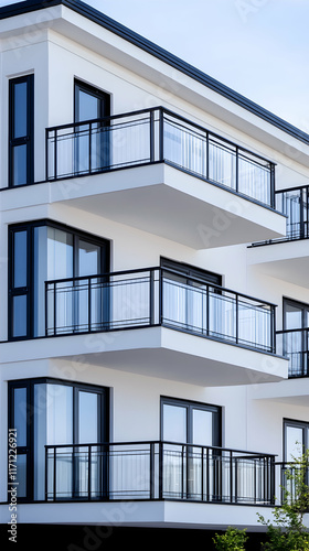 Modern White Apartment Building Exterior Balconies Clear Sky Real Estate Brochure.