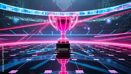 Futuristic Neon Trophy on a Digital Arena Stage with Glowing Pink and Blue Light Effects in a Virtual Setting

 photo