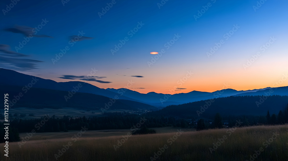 Fototapeta premium Mountain valley sunset landscape, moonrise over fields, tranquil scene, travel brochure.