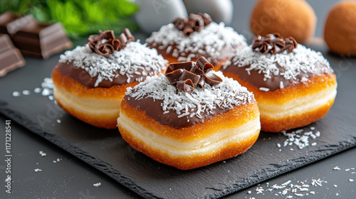 Delicious gourmet donuts topped with cho te, coconut, and cho te curls, arranged on slate board. Perfect for dessert lovers and special occasions photo
