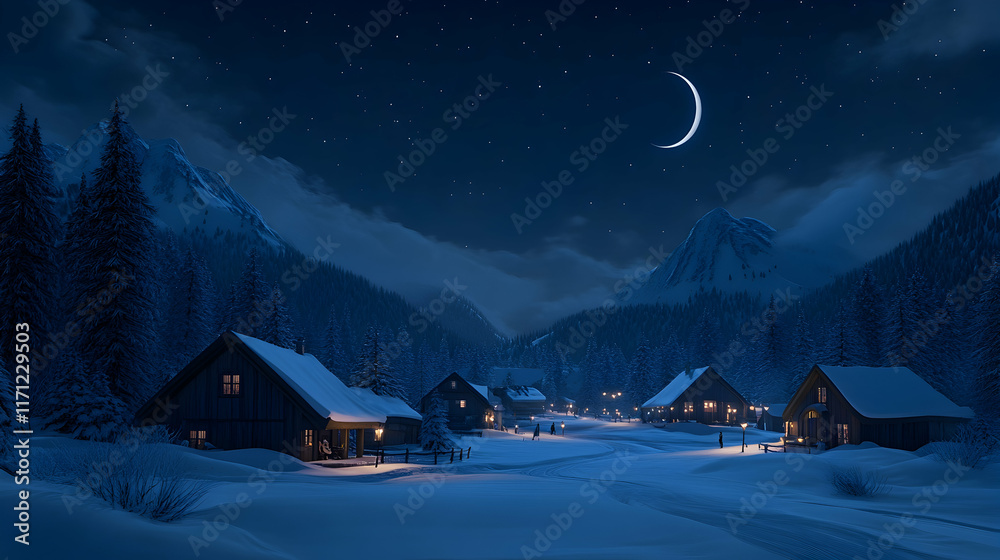 Fototapeta premium Night snow village mountain crescent moon winter wonderland holiday card.
