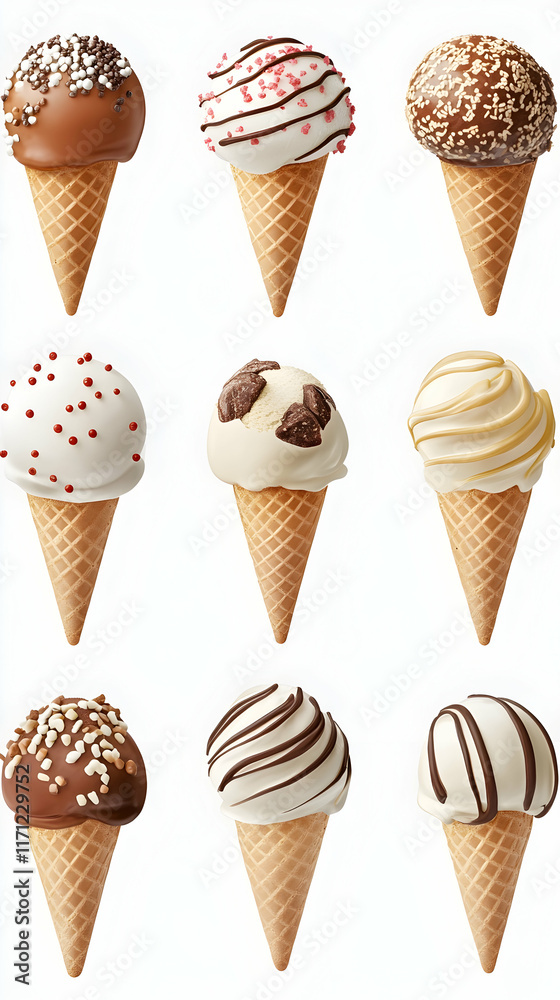 Nine gourmet ice cream cones, various toppings, white background, food photography, menu design. Nine gourmet ice cream cones, various toppings, white background, food photography, menu design.