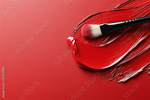 Vibrant red abstract background showcasing the expressive and dynamic brushstrokes of traditional Chinese calligraphy art  The fluid elegant and stylized strokes create a modern photo