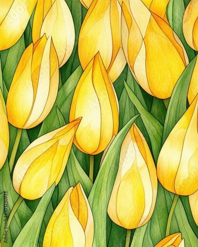 A vibrant display of yellow tulips surrounded by lush green leaves.