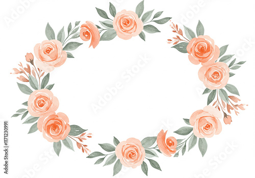 Peach Rose Floral Wreath Border Wedding Invitation Watercolor Frame