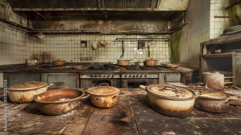Abandoned Restaurant Kitchen with Dirty Pots and Grimy Surfaces Abandoned Restaurant Kitchen with Dirty Pots and Grimy Surfaces