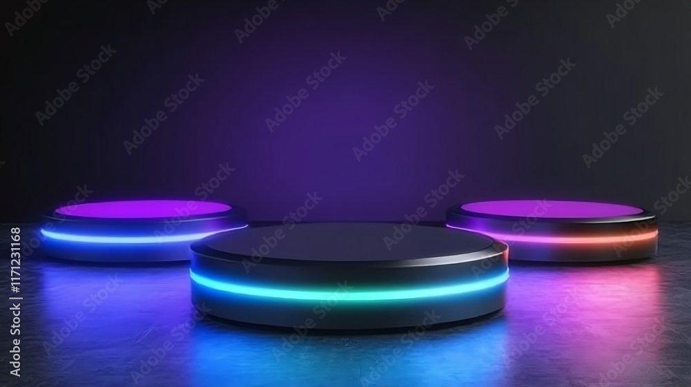 Three Illuminated Circular Platforms Neon Glow Three Illuminated Circular Platforms Neon Glow