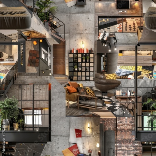 Industrialinspired patterns in modern open loft apartments photo