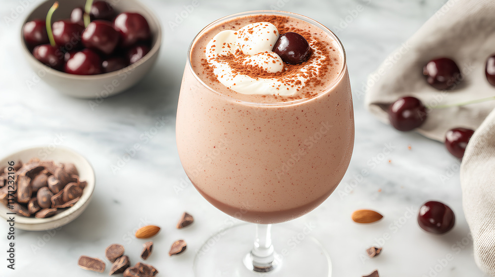 Dark Cherry Smoothie with Cocoa and Almond Cream Garnish on Marble Countertop
Dark Cherry Smoothie with Cocoa and Almond Cream Garnish on Marble Countertop