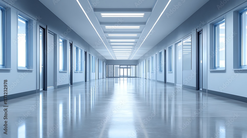 Empty, modern, bright hallway with reflective floor, windows, and doors. Empty, modern, bright hallway with reflective floor, windows, and doors.