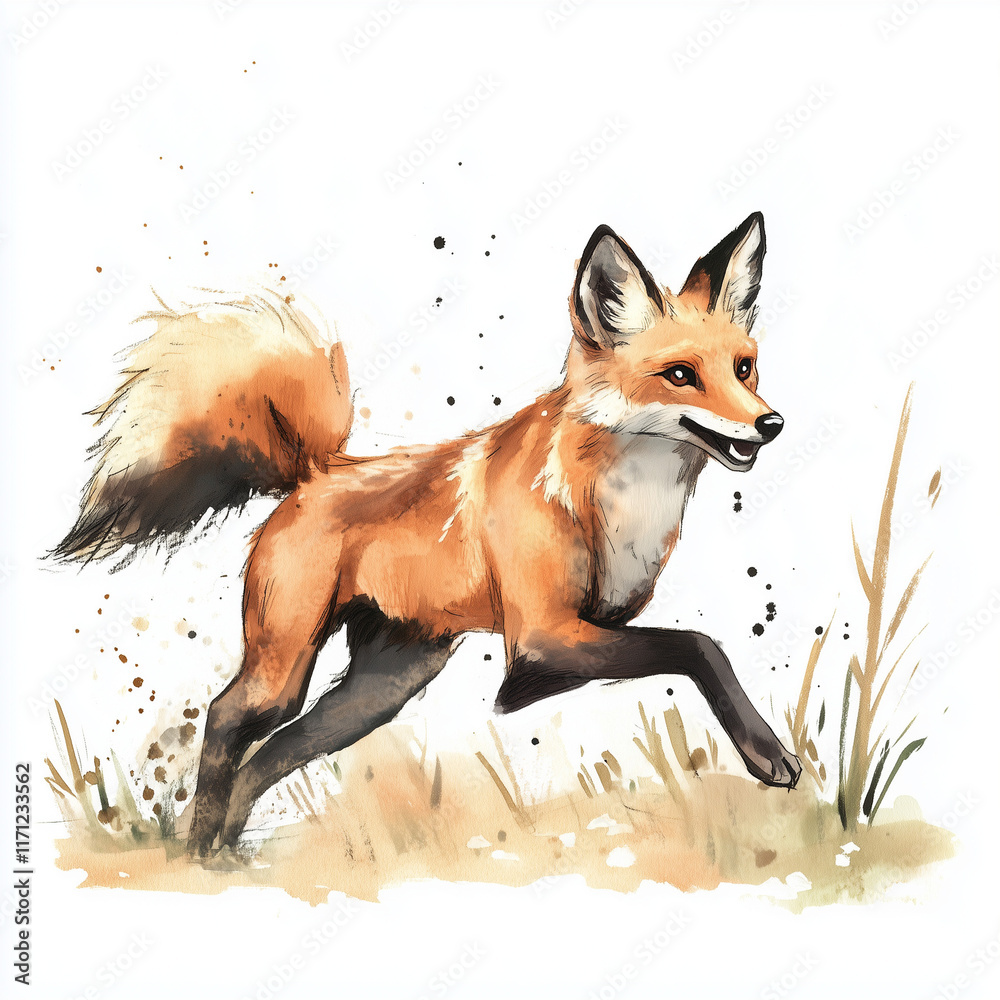 Obraz premium Illustration of the Maned Wolf running towards through savannah, soft watercolor tones, white background, detailed illustration, cartoonish.