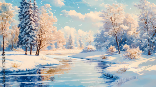 Winter landscape with river and snow covered trees. digital painting illustration. Frostfall. Illustration photo