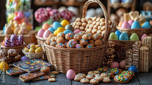 A family-style Easter basket overflowing with treats for all ages, including board games, handmade cookies, and brightly colored eggs.