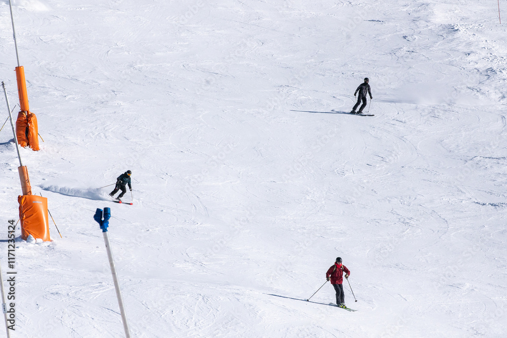 Skiers on the ski slopes in Andorra at Grandvalira in January 2025.