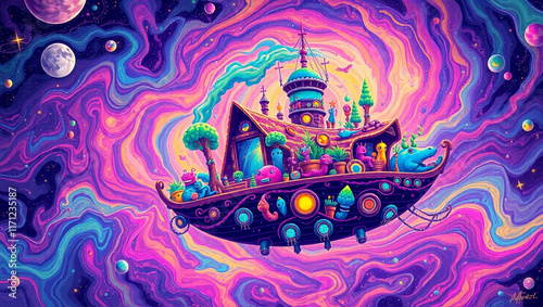Colorful cosmic voyage featuring whimsical characters on a vibrant ship in outer space