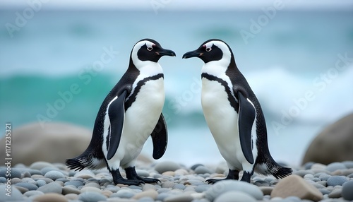 Two penguins sharing a moment on a rocky bank on a beach