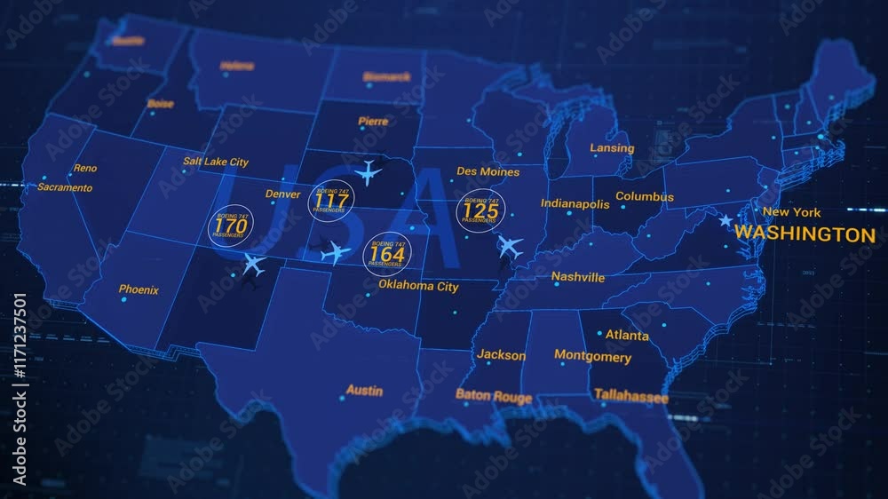 This video is a digital, conceptual representation of a USA map with airplane routes in blue neon. It is for illustrative and creative purposes only and not intended for accurate navigation