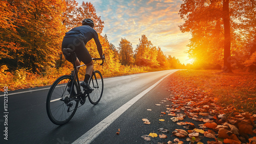 man cycling during autumn on the road during sunset with a profile angle 