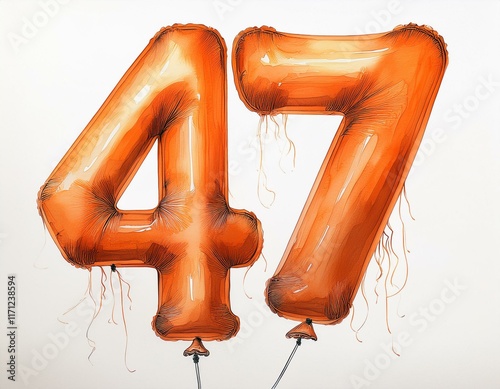 Orange birthday / anniversary balloon, number 47, watercolor painting with white background photo