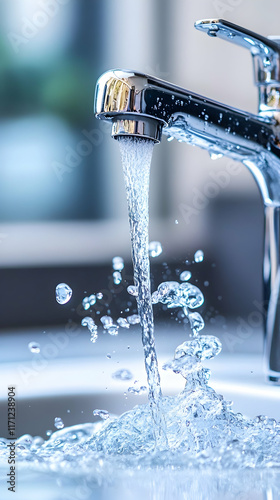 Running water from chrome faucet in bathroom sink, splashing, blurred background.