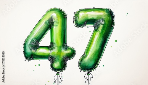 Green birthday / anniversary balloon, number 47, watercolor painting with white background photo