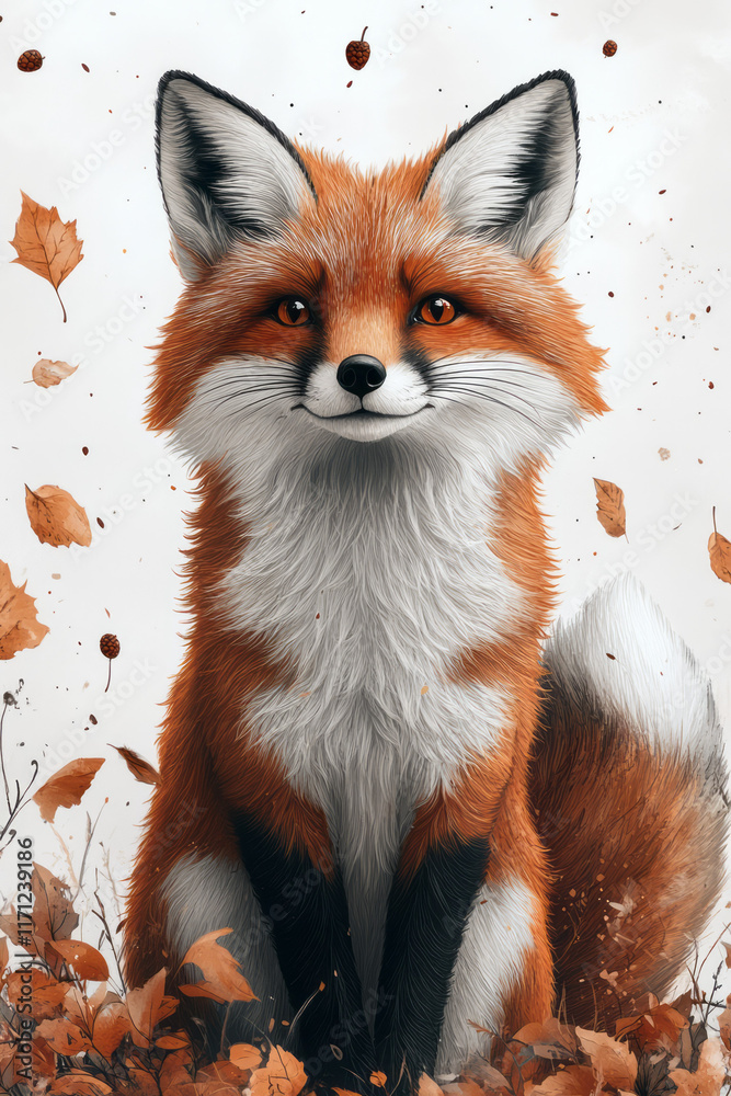 Fototapeta premium Fun and simple fox illustrations with bushy tails, scattered with tiny leaf and acorn patterns on a bright white background,