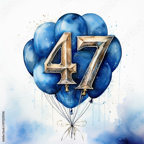 Blue birthday / anniversary balloon, number 47, watercolor painting with white background photo