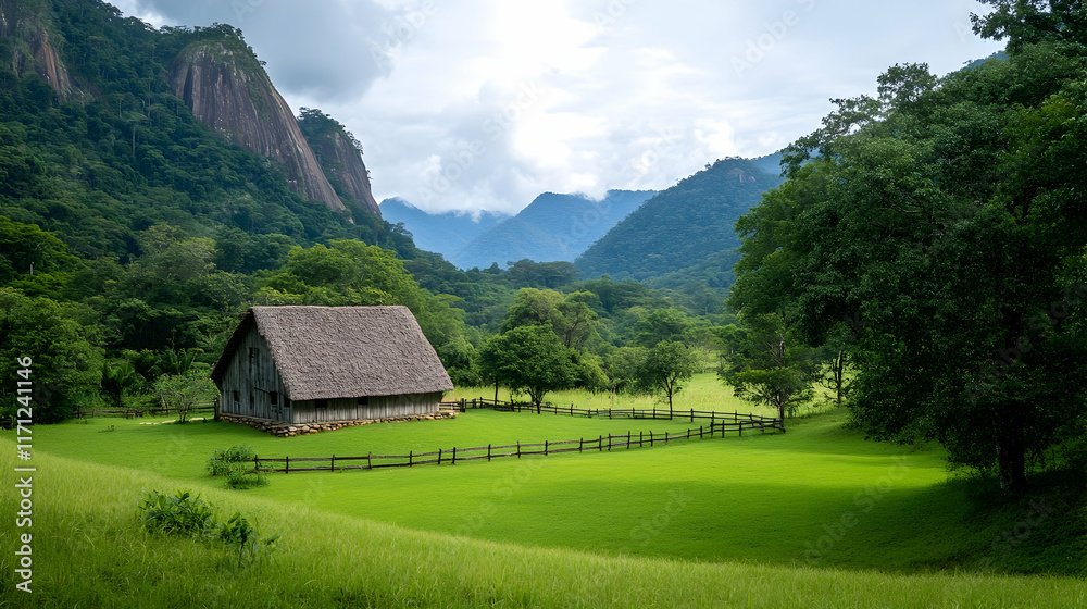 Obraz premium Serene mountain valley hut, green pasture, scenic background, tranquil escape.