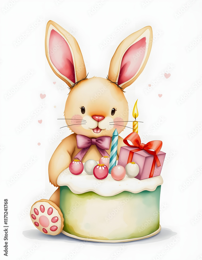 Fototapeta premium Watercolor vintage cute plush rabbit toy, birthday cake with candle and present gift box isolated on white background. Hand drawn illustration sketch, graphic novel art