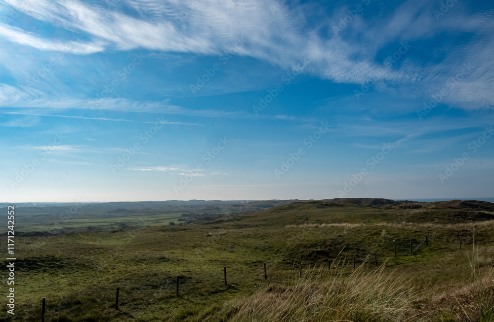 Eierland, De Cocksdorp, Texel, The Netherlands, Oktober 28th, 2024, The beautiful rolling hills together with a vast sky create a truly serene outdoor landscape scene for all Eierland, De Cocksdorp, Texel, The Netherlands, Oktober 28th, 2024, The beautiful rolling hills together with a vast sky create a truly serene outdoor landscape scene for all