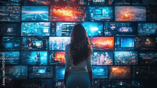 The silhouette of a woman stands before an extensive wall of digital screens, immersed in a moment of reflection amidst a cacophony of modern media visuals and colors. photo